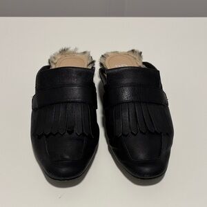 Black Leather Fringe Mules with Fur Lining